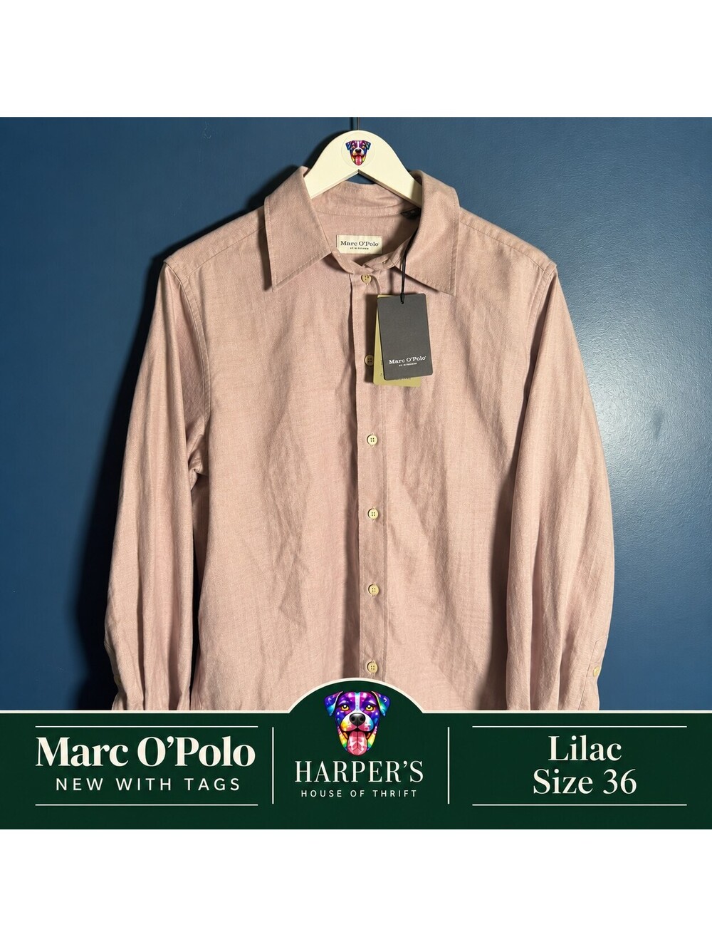 Marc O’Polo Women’s Organic Cotton Herringbone Shirt Size 36 Lilac Europe NWT